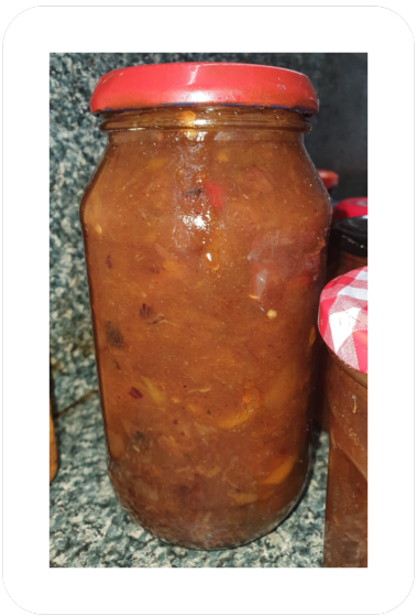 Photo of Rhonda's spicy mango chutney in a jar